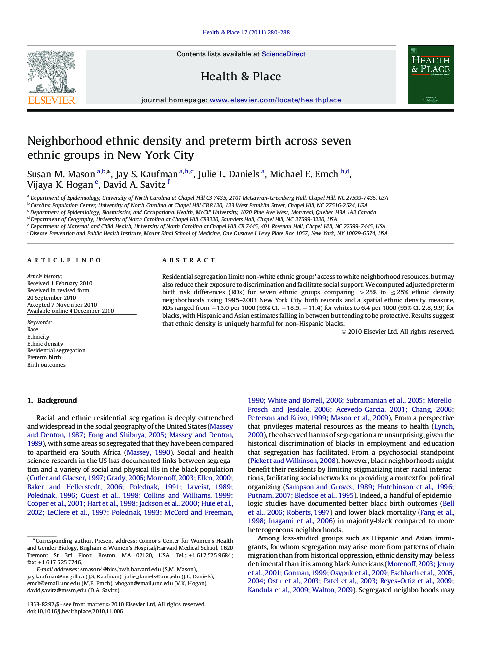 Neighborhood ethnic density and preterm birth across seven ethnic groups in New York City