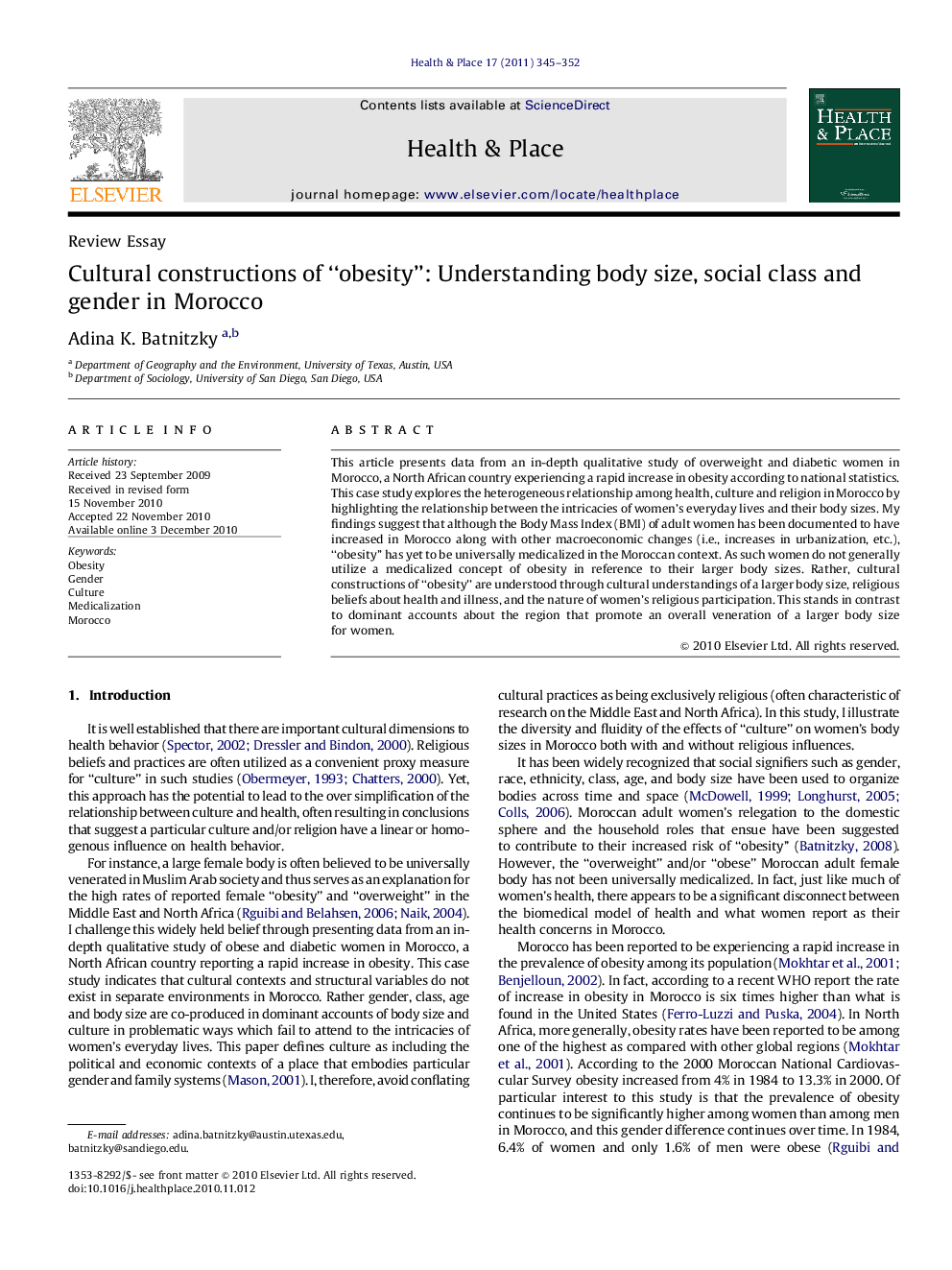 Cultural constructions of “obesity”: Understanding body size, social class and gender in Morocco