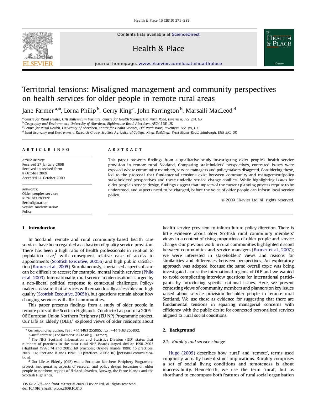 Territorial tensions: Misaligned management and community perspectives on health services for older people in remote rural areas