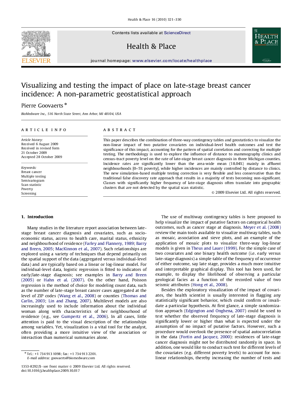 Visualizing and testing the impact of place on late-stage breast cancer incidence: A non-parametric geostatistical approach