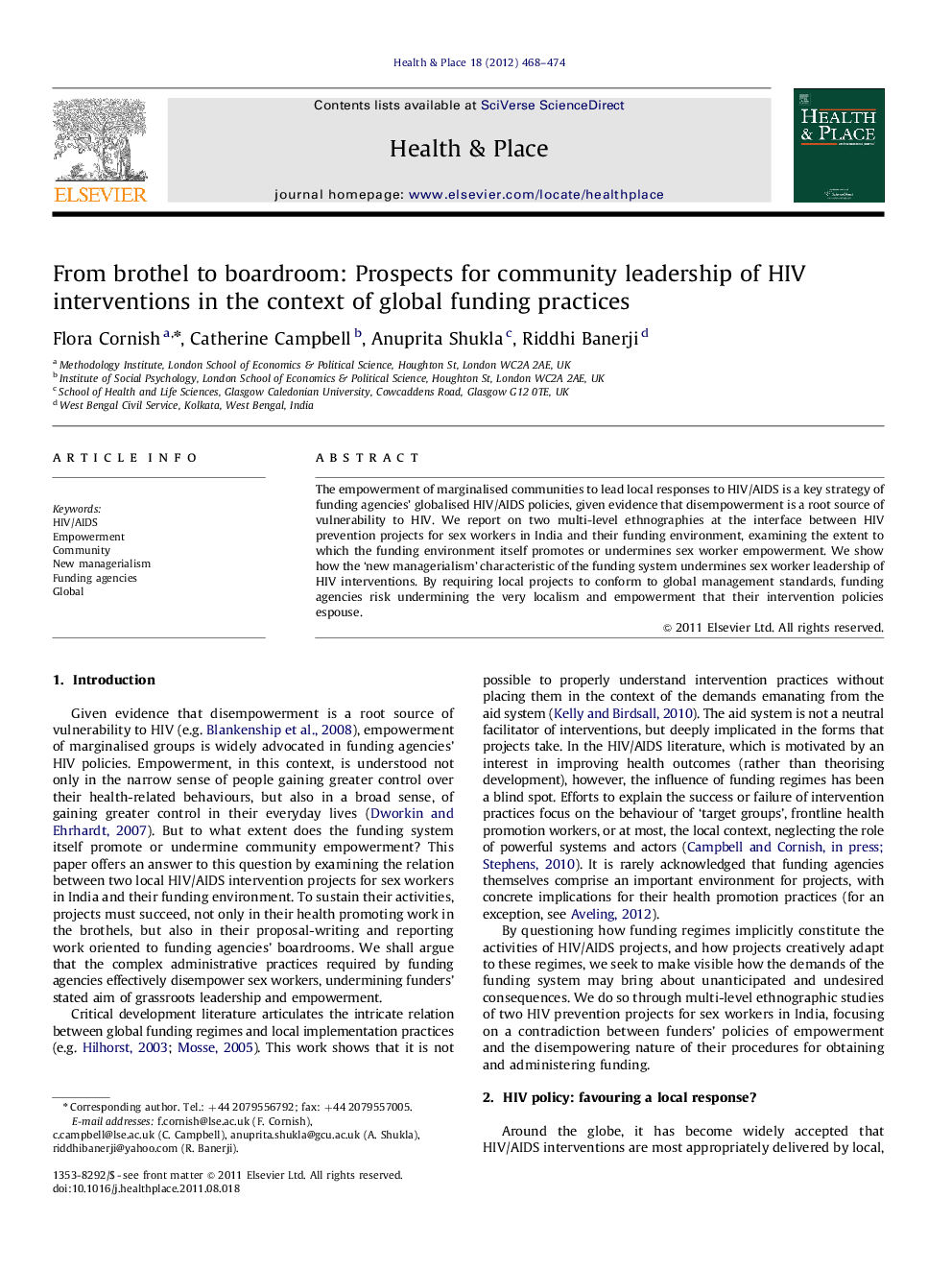 From brothel to boardroom: Prospects for community leadership of HIV interventions in the context of global funding practices