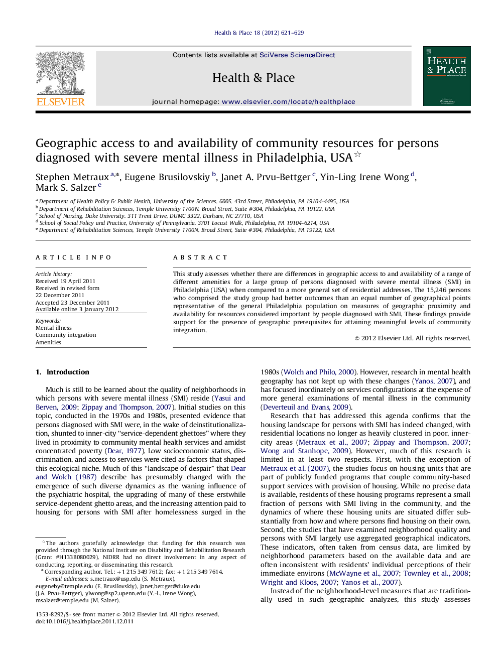 Geographic access to and availability of community resources for persons diagnosed with severe mental illness in Philadelphia, USA