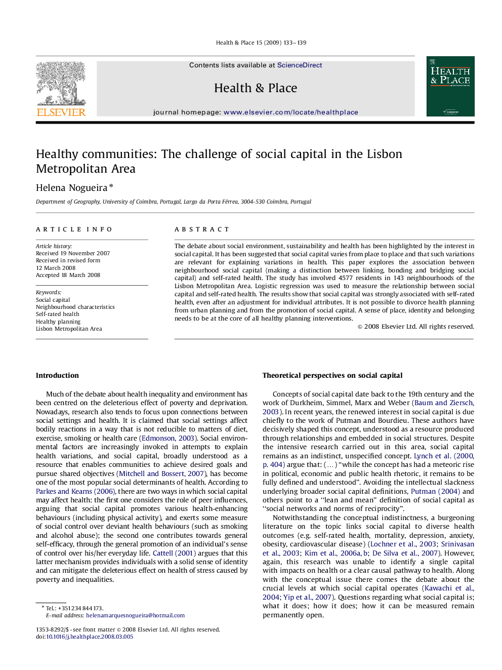 Healthy communities: The challenge of social capital in the Lisbon Metropolitan Area