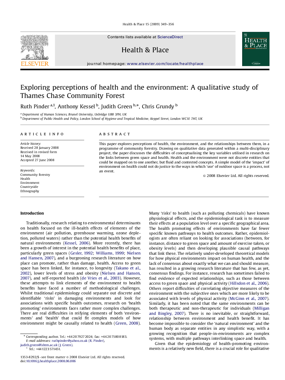 Exploring perceptions of health and the environment: A qualitative study of Thames Chase Community Forest