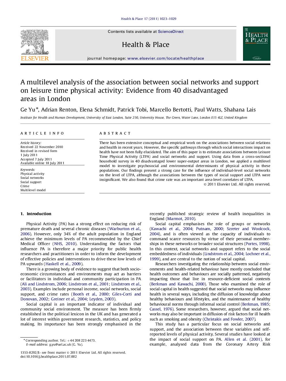 A multilevel analysis of the association between social networks and support on leisure time physical activity: Evidence from 40 disadvantaged areas in London