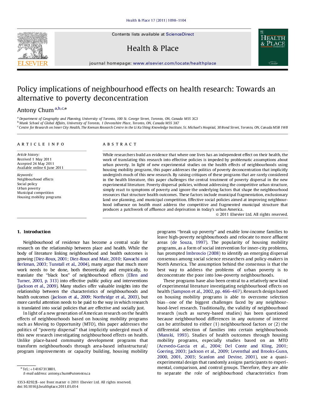 Policy implications of neighbourhood effects on health research: Towards an alternative to poverty deconcentration