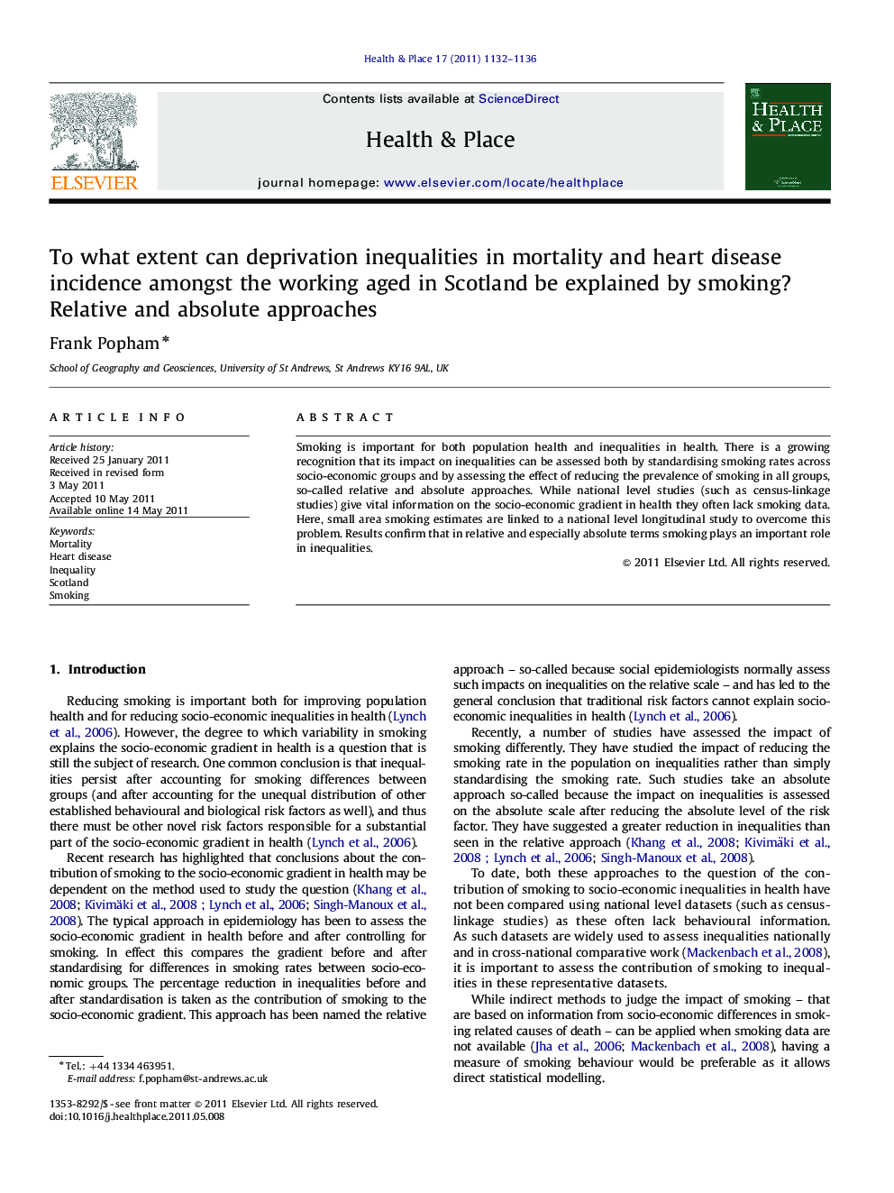 To what extent can deprivation inequalities in mortality and heart disease incidence amongst the working aged in Scotland be explained by smoking? Relative and absolute approaches