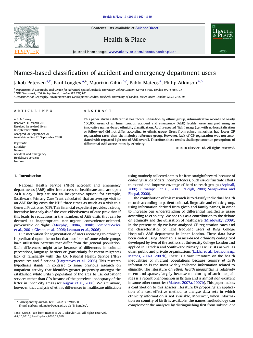 Names-based classification of accident and emergency department users