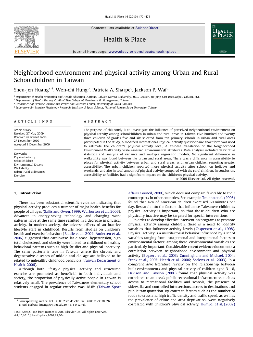 Neighborhood environment and physical activity among Urban and Rural Schoolchildren in Taiwan