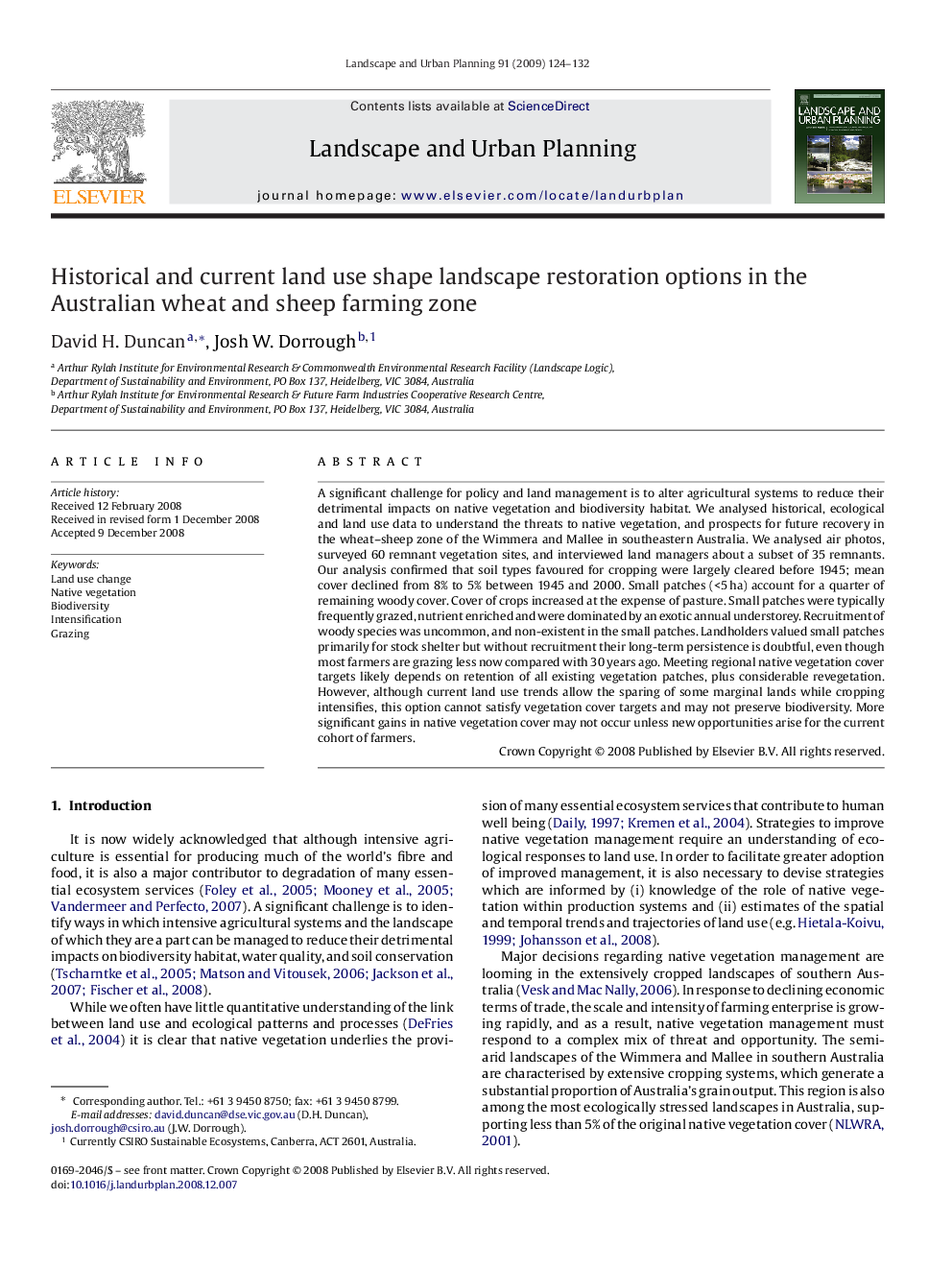 Historical and current land use shape landscape restoration options in the Australian wheat and sheep farming zone