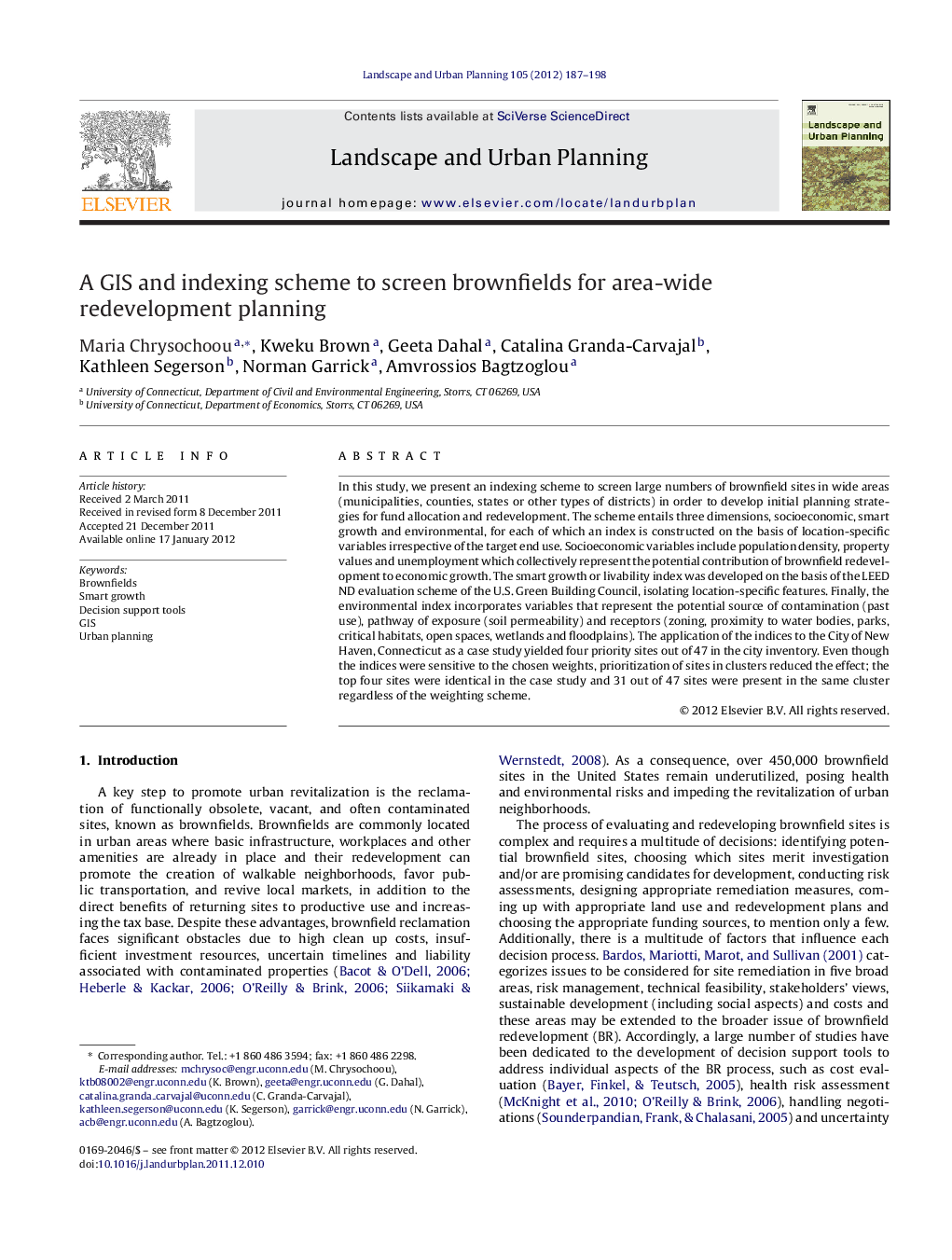 A GIS and indexing scheme to screen brownfields for area-wide redevelopment planning