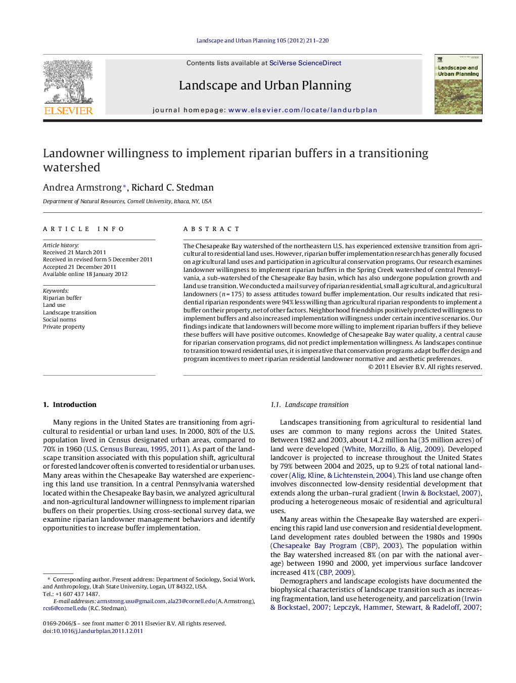 Landowner willingness to implement riparian buffers in a transitioning watershed