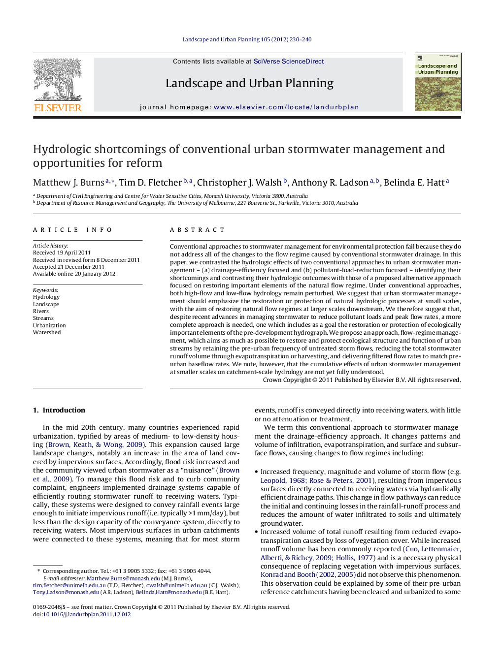 Hydrologic shortcomings of conventional urban stormwater management and opportunities for reform