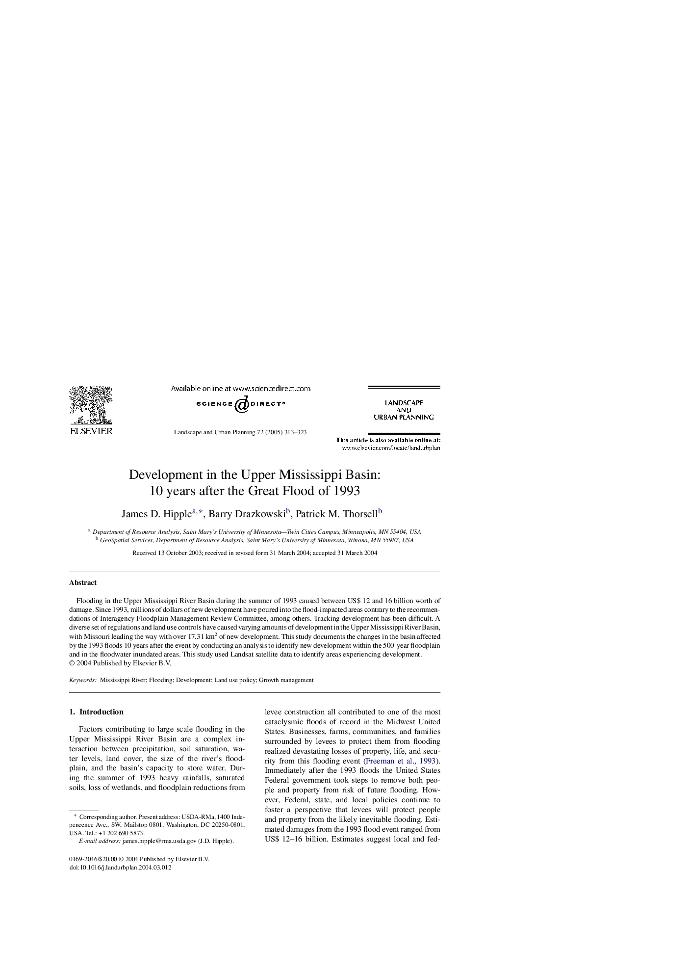 Development in the Upper Mississippi Basin: 10 years after the Great Flood of 1993