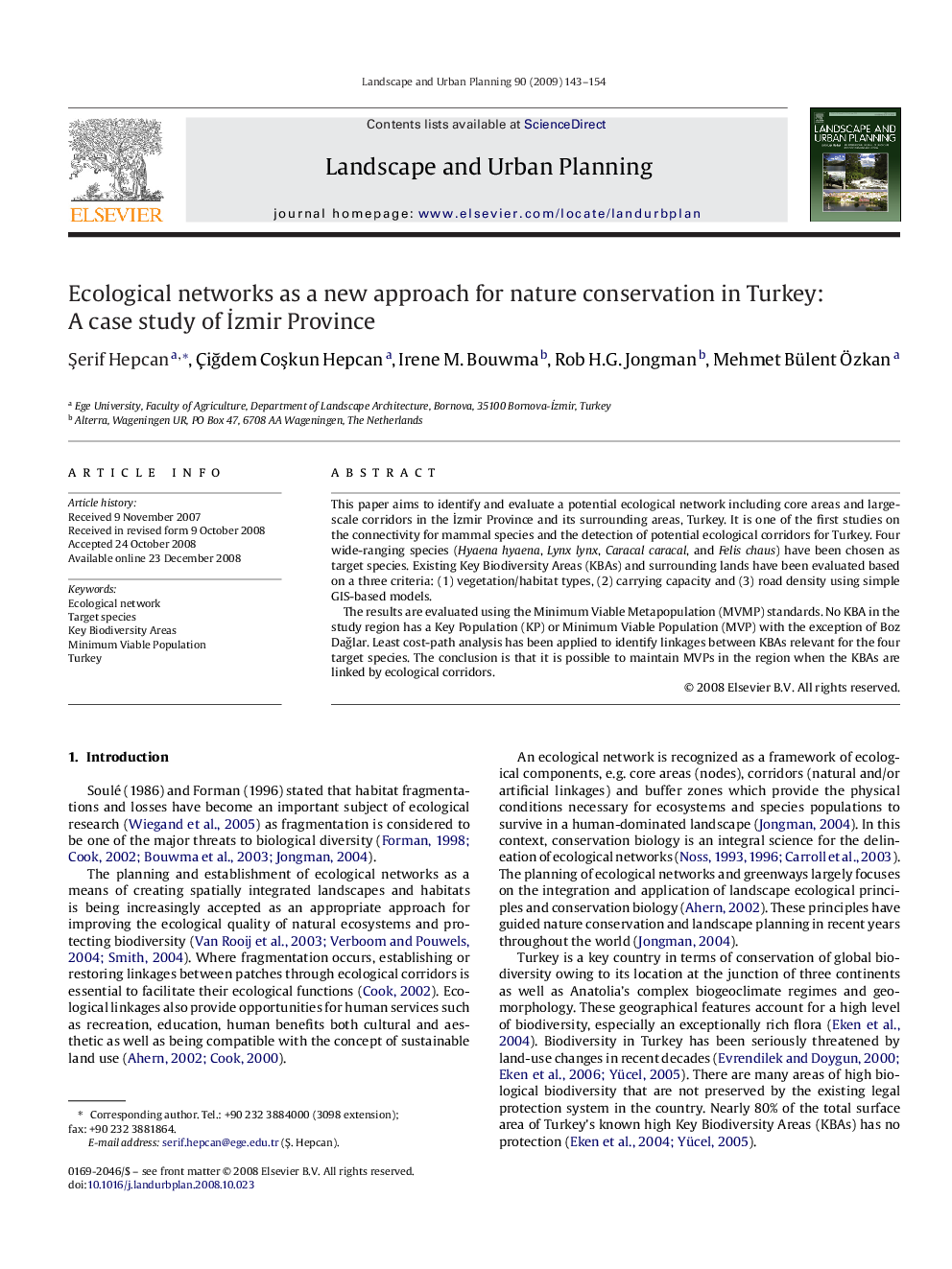 Ecological networks as a new approach for nature conservation in Turkey: A case study of İzmir Province