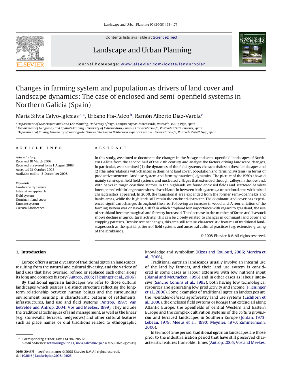 Changes in farming system and population as drivers of land cover and landscape dynamics: The case of enclosed and semi-openfield systems in Northern Galicia (Spain)