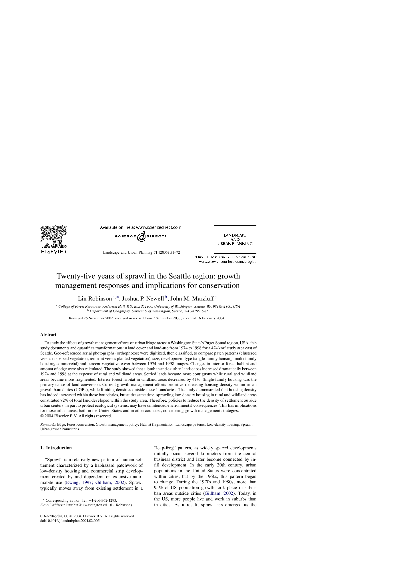 Twenty-five years of sprawl in the Seattle region: growth management responses and implications for conservation