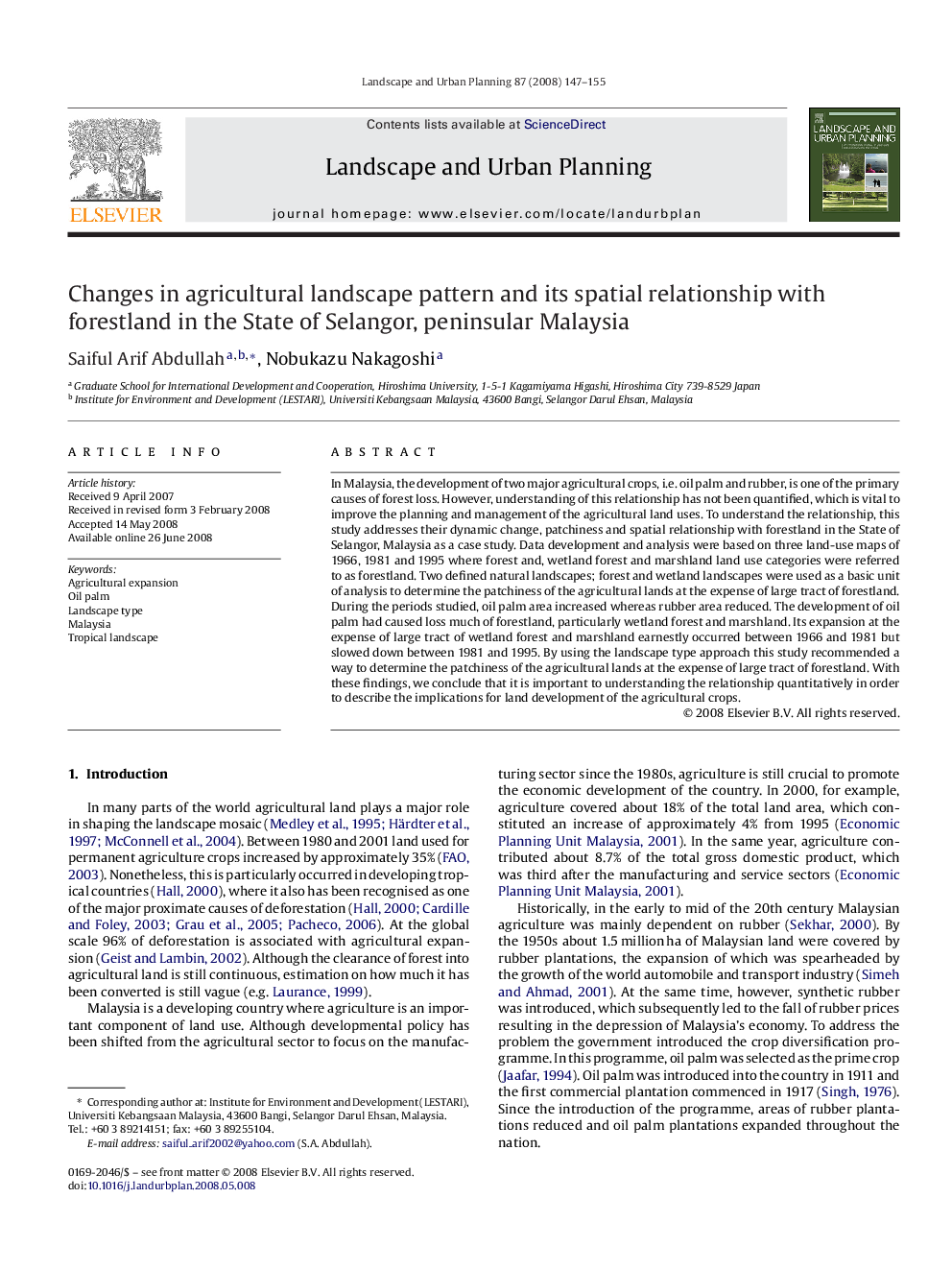 Changes in agricultural landscape pattern and its spatial relationship with forestland in the State of Selangor, peninsular Malaysia