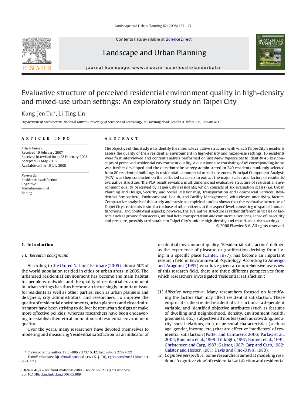 Evaluative structure of perceived residential environment quality in high-density and mixed-use urban settings: An exploratory study on Taipei City