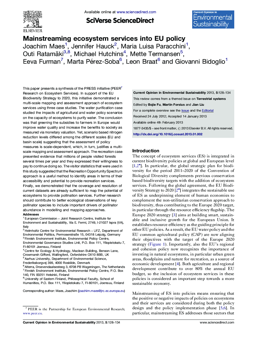 Mainstreaming ecosystem services into EU policy