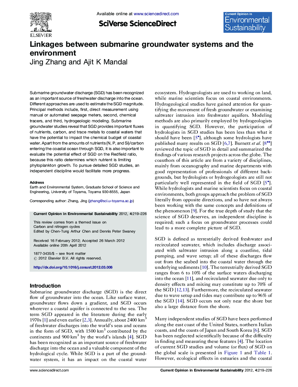 Linkages between submarine groundwater systems and the environment