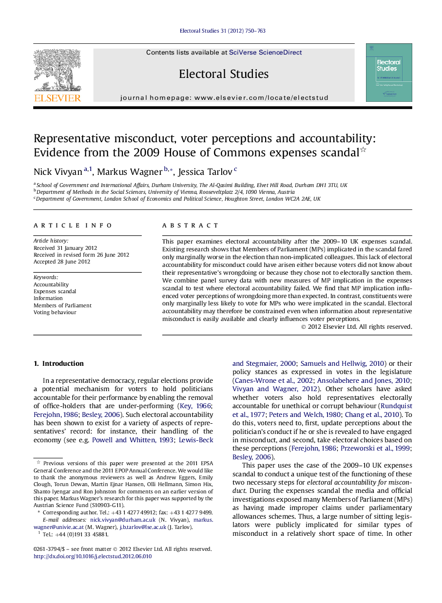 Representative misconduct, voter perceptions and accountability: Evidence from the 2009 House of Commons expenses scandal