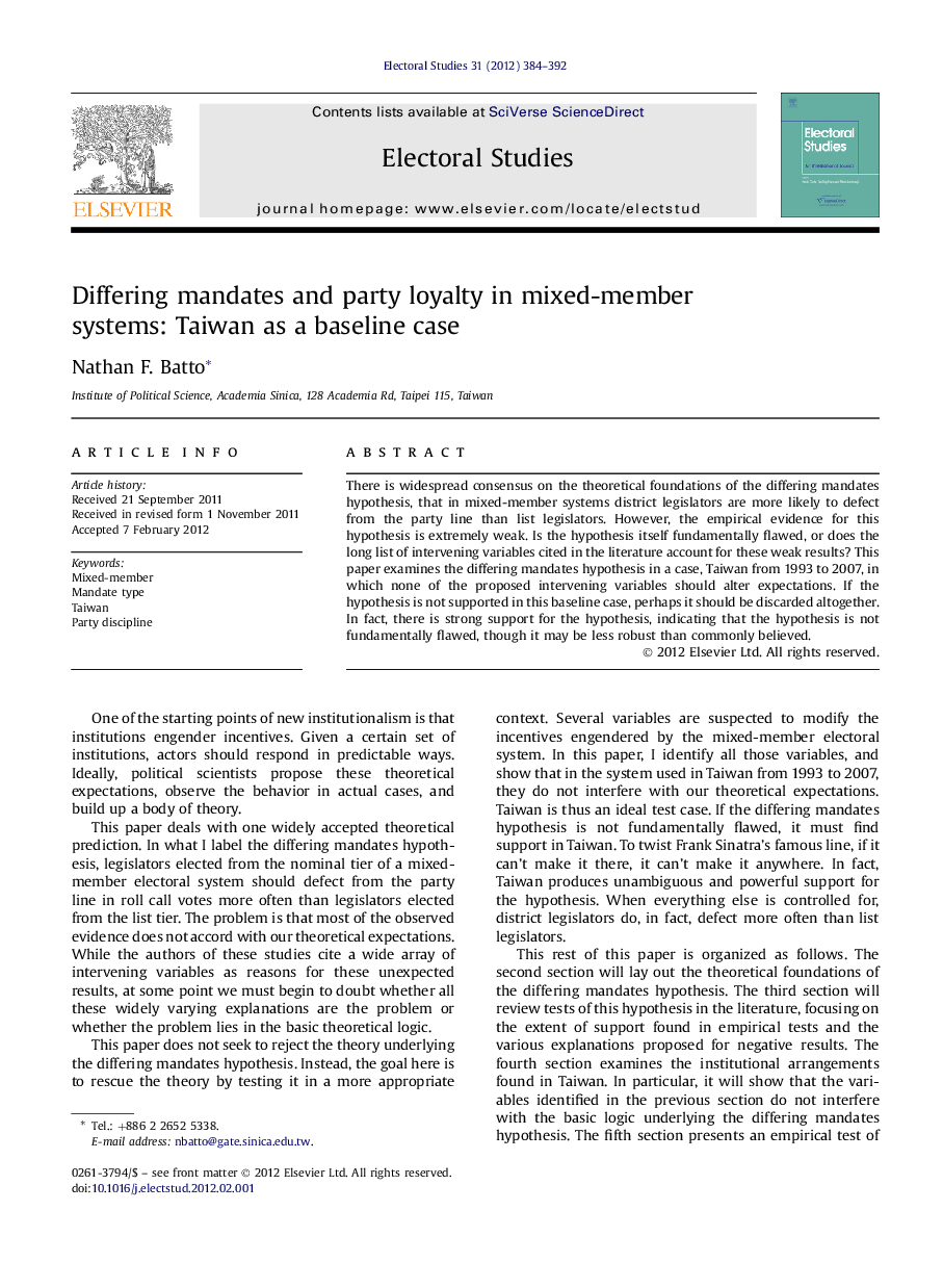 عکس صفحه اول مقاله: Differing mandates and party loyalty in mixed-member systems: Taiwan as a baseline case Differing mandates and party loyalty in mixed-member systems: Taiwan as a baseline case