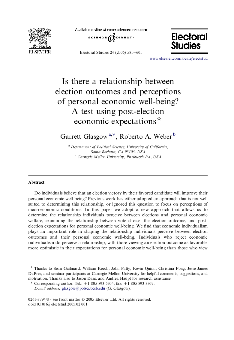 Is there a relationship between election outcomes and perceptions of personal economic well-being? A test using post-election economic expectations