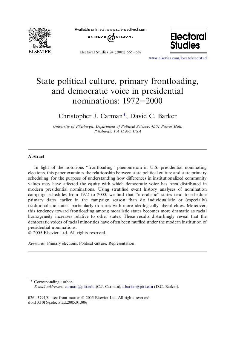 State political culture, primary frontloading, and democratic voice in presidential nominations: 1972-2000