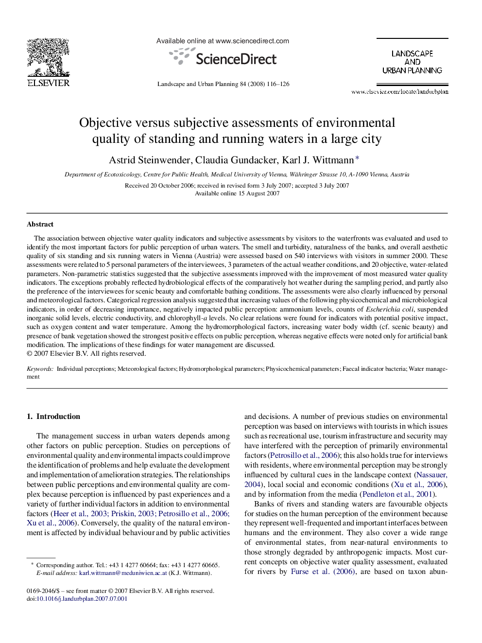 Objective versus subjective assessments of environmental quality of standing and running waters in a large city