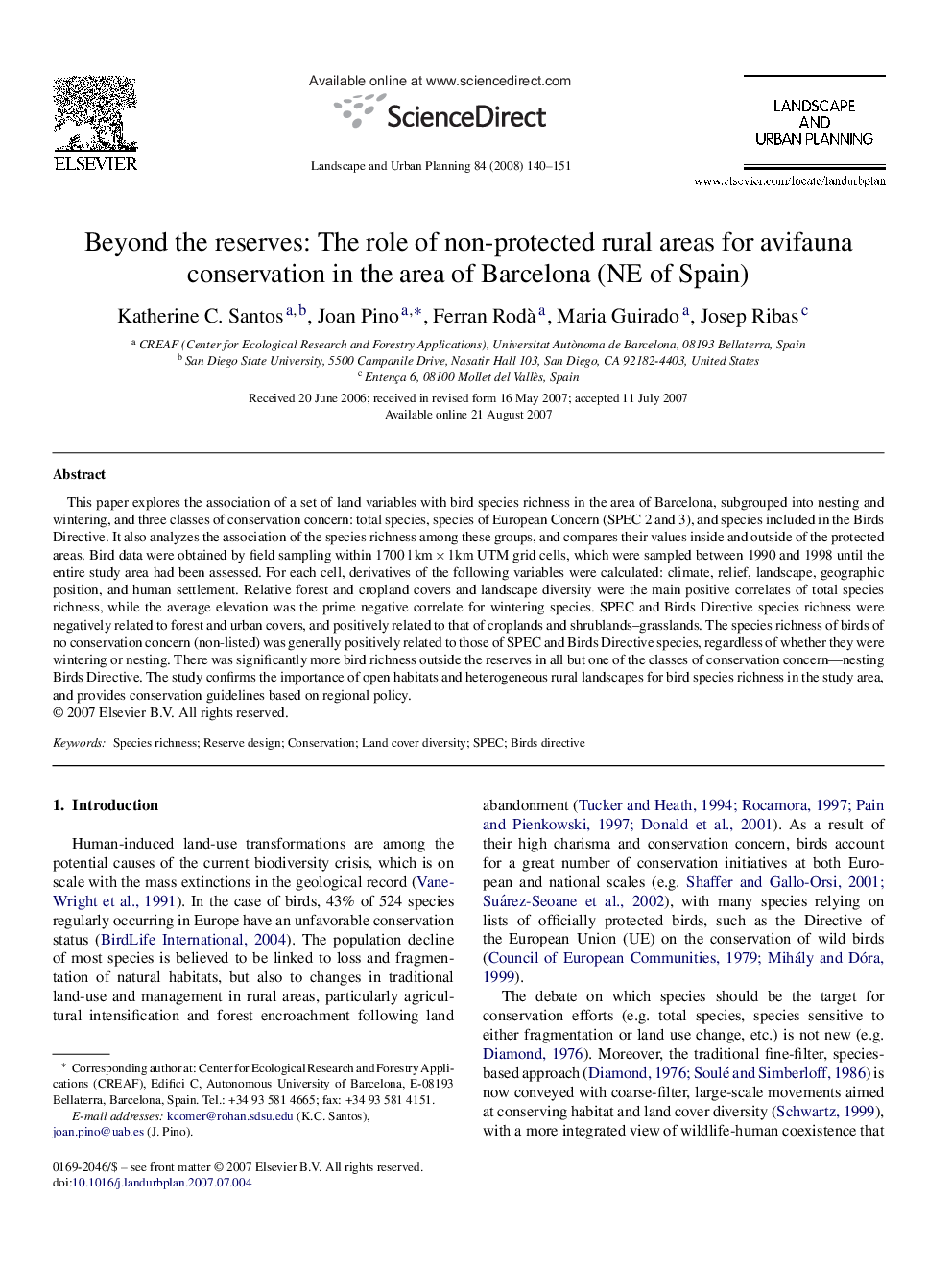 Beyond the reserves: The role of non-protected rural areas for avifauna conservation in the area of Barcelona (NE of Spain)