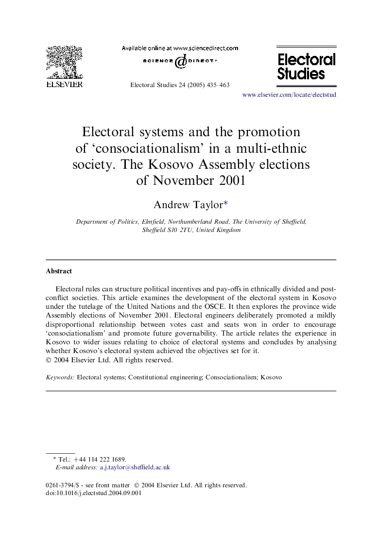 Electoral systems and the promotion of 'consociationalism' in a multi-ethnic society. The Kosovo Assembly elections of November 2001