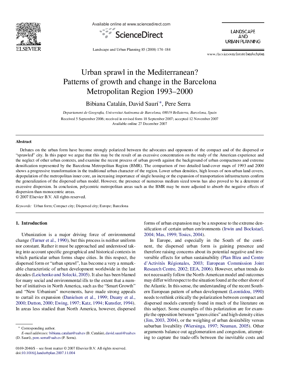 Urban sprawl in the Mediterranean?: Patterns of growth and change in the Barcelona Metropolitan Region 1993–2000