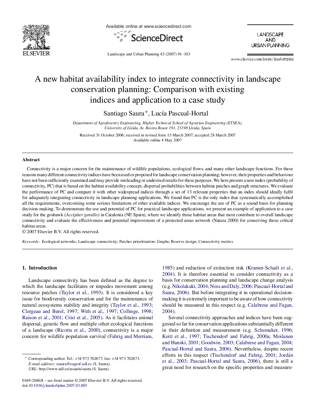 A new habitat availability index to integrate connectivity in landscape conservation planning: Comparison with existing indices and application to a case study