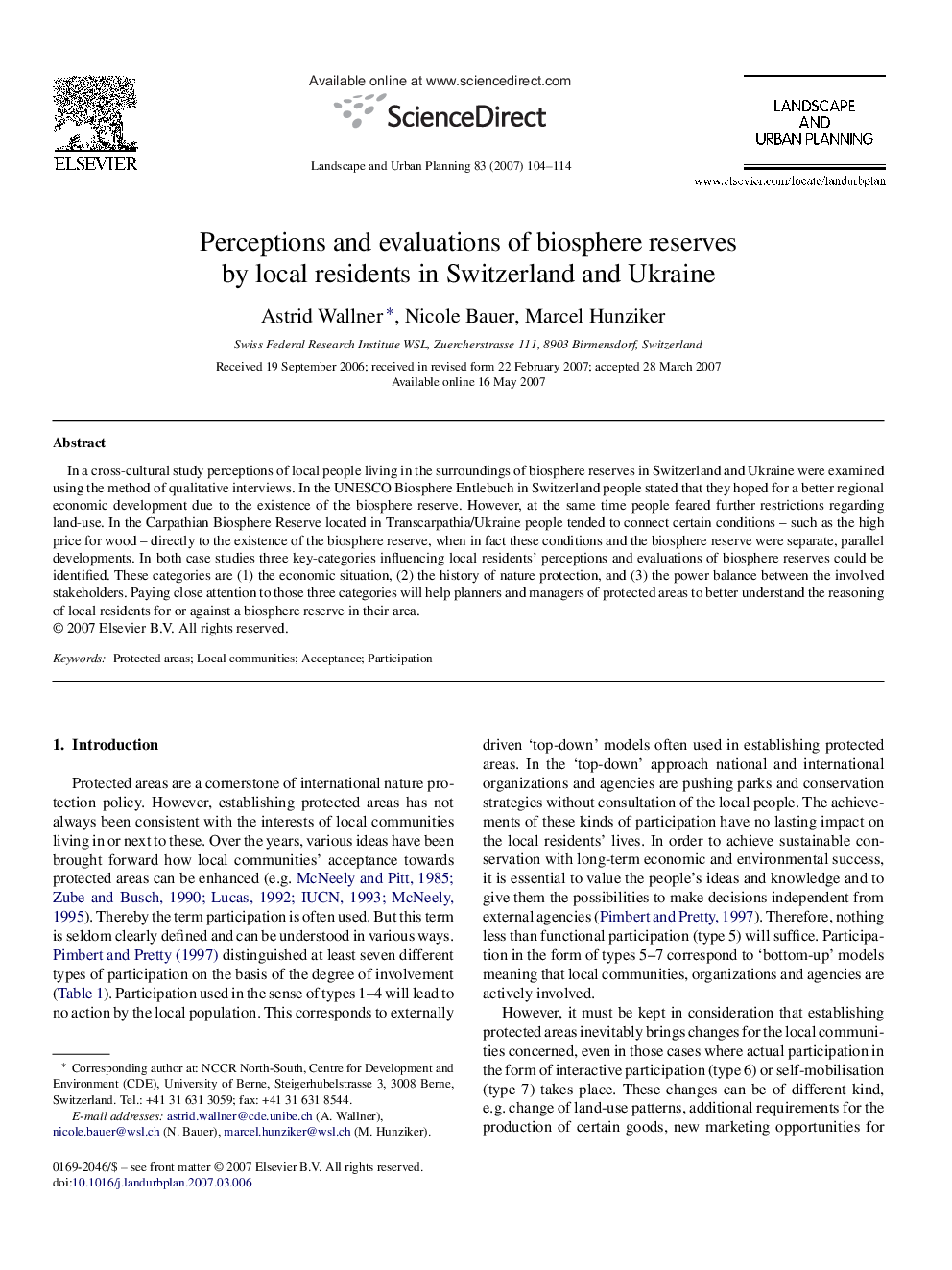 Perceptions and evaluations of biosphere reserves by local residents in Switzerland and Ukraine