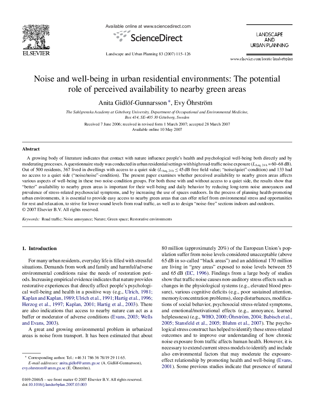 Noise and well-being in urban residential environments: The potential role of perceived availability to nearby green areas