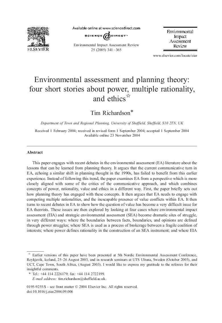 Environmental assessment and planning theory: four short stories about power, multiple rationality, and ethics