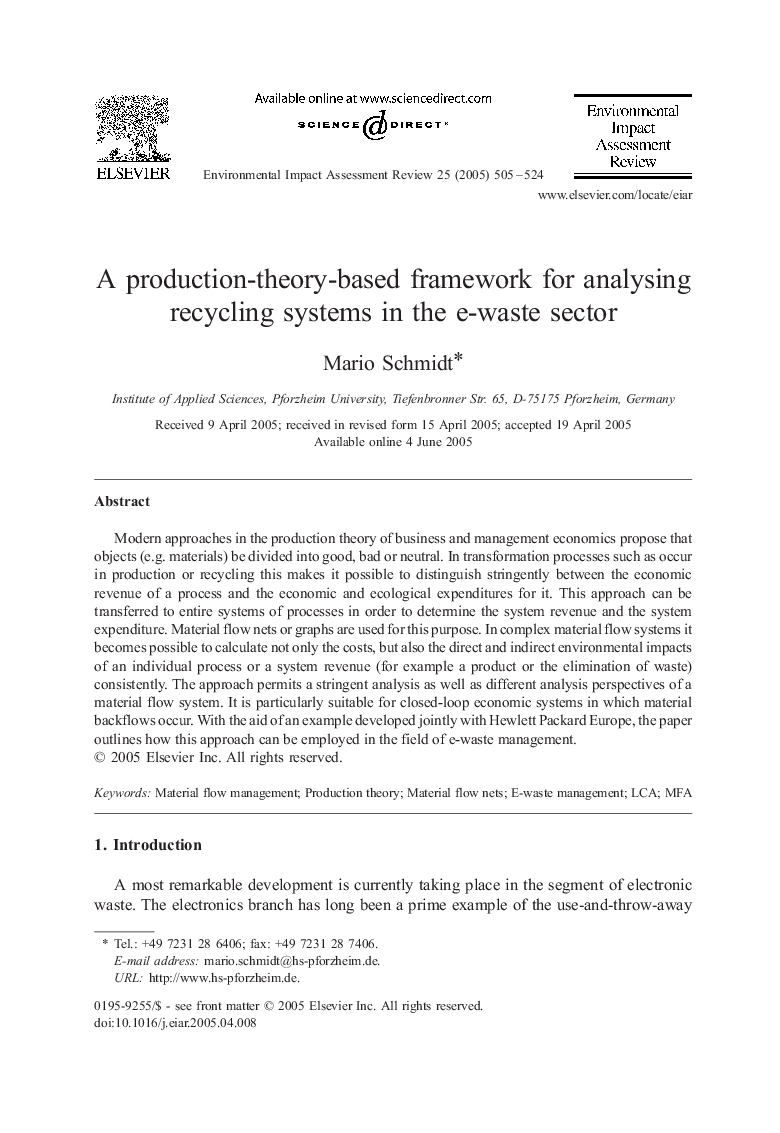 A production-theory-based framework for analysing recycling systems in the e-waste sector