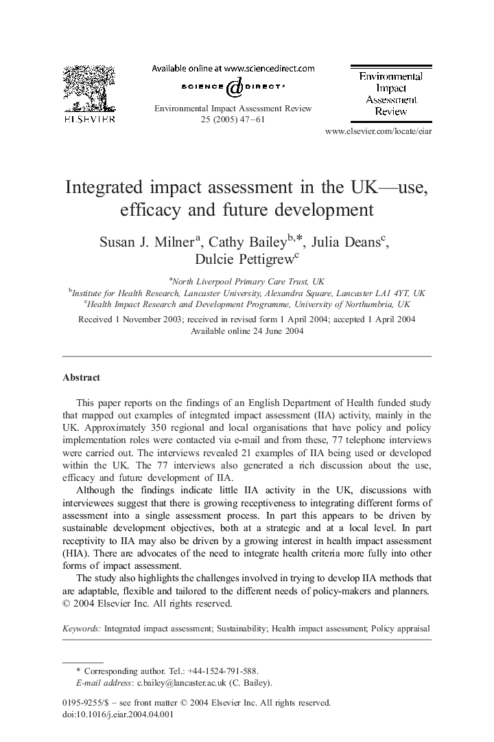 Integrated impact assessment in the UK-use, efficacy and future development