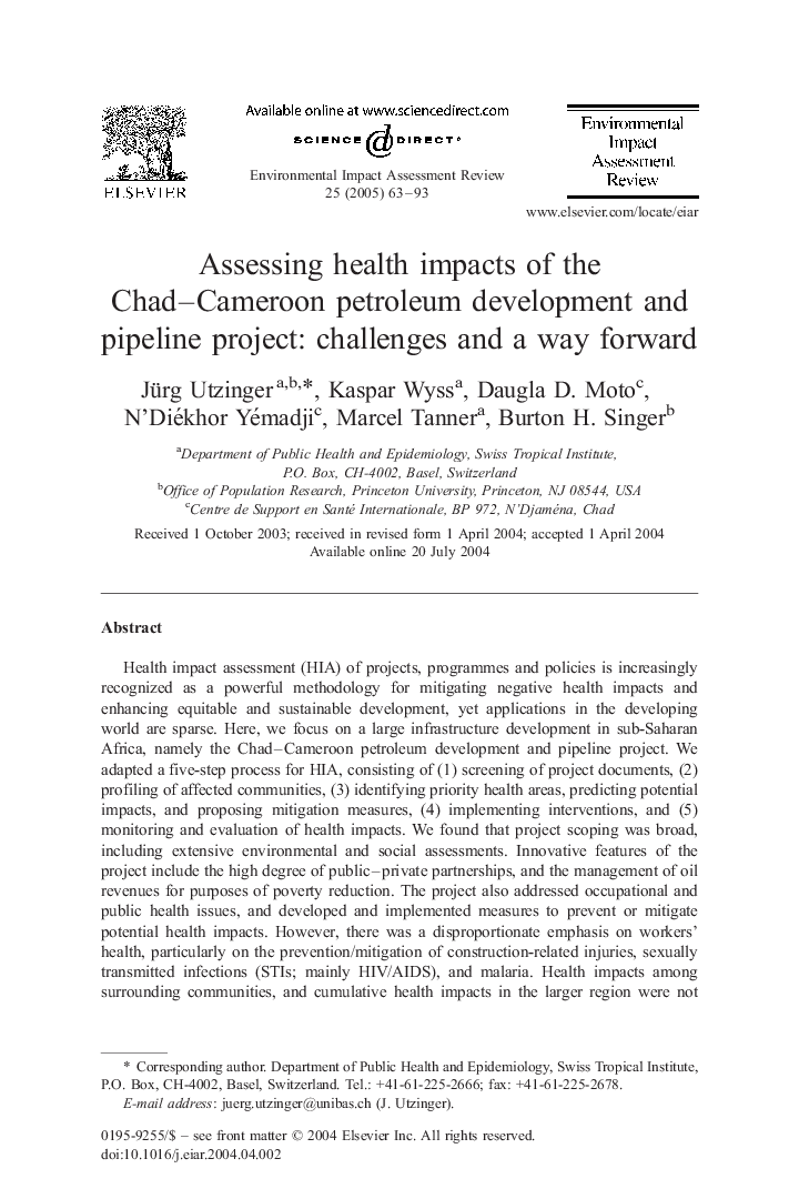 Assessing health impacts of the Chad-Cameroon petroleum development and pipeline project: challenges and a way forward