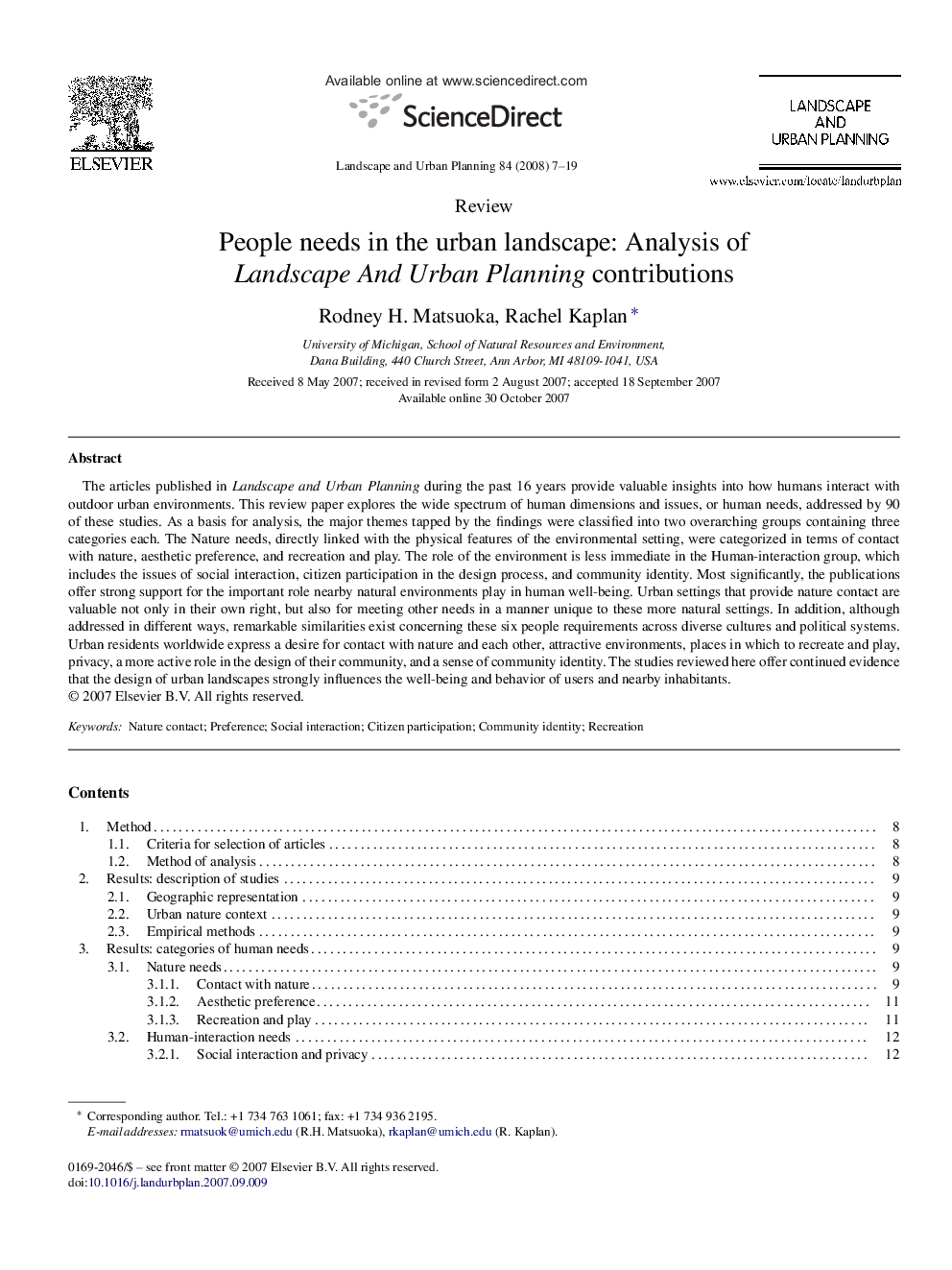 People needs in the urban landscape: Analysis of Landscape And Urban Planning contributions