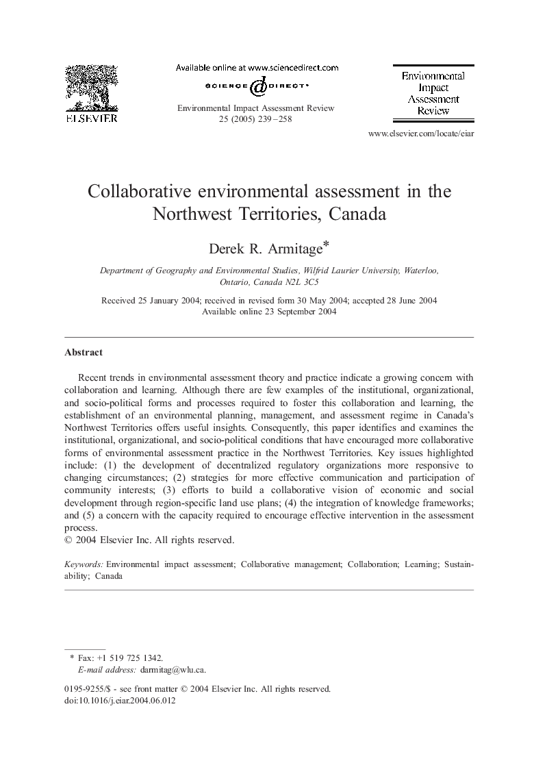 Collaborative environmental assessment in the Northwest Territories, Canada