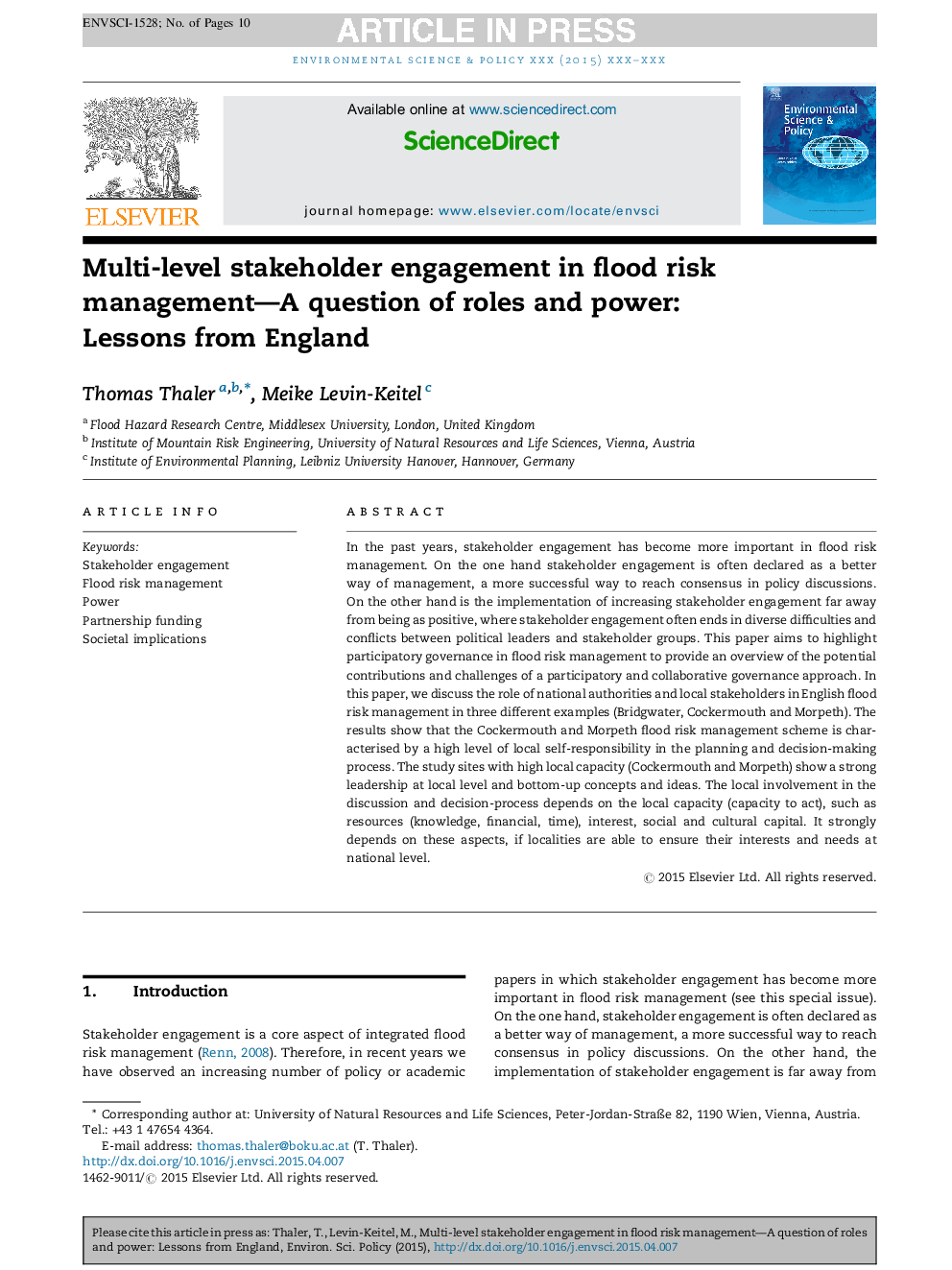 مشارکت چندگانه ذینفعان در مدیریت ریسک سیل - یک سوال از نقش و قدرت: درسهای انگلستان 