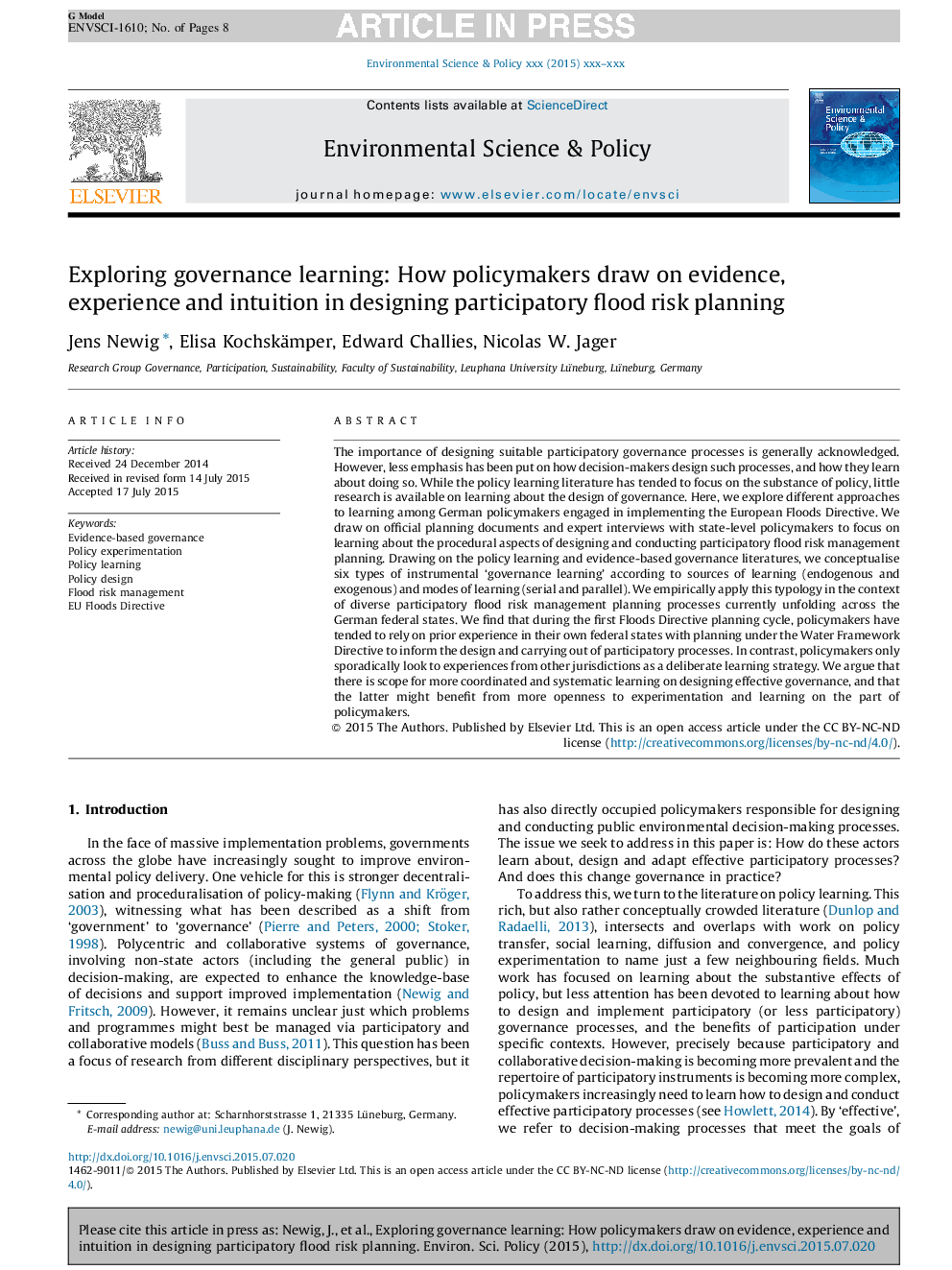 Exploring governance learning: How policymakers draw on evidence, experience and intuition in designing participatory flood risk planning