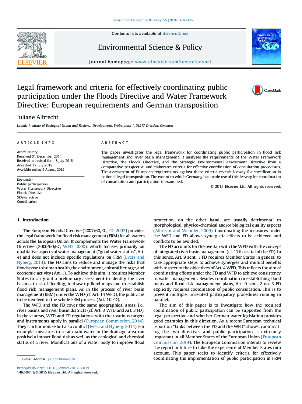 Legal framework and criteria for effectively coordinating public participation under the Floods Directive and Water Framework Directive: European requirements and German transposition