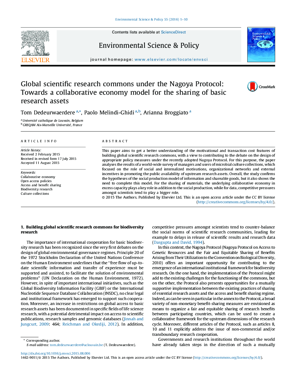 Global scientific research commons under the Nagoya Protocol: Towards a collaborative economy model for the sharing of basic research assets