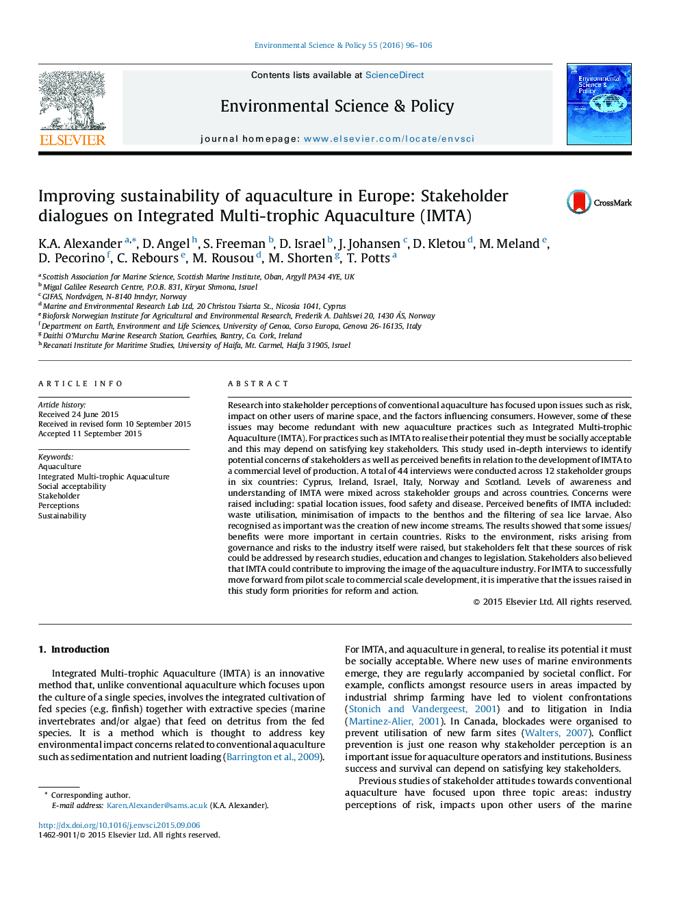 Improving sustainability of aquaculture in Europe: Stakeholder dialogues on Integrated Multi-trophic Aquaculture (IMTA)