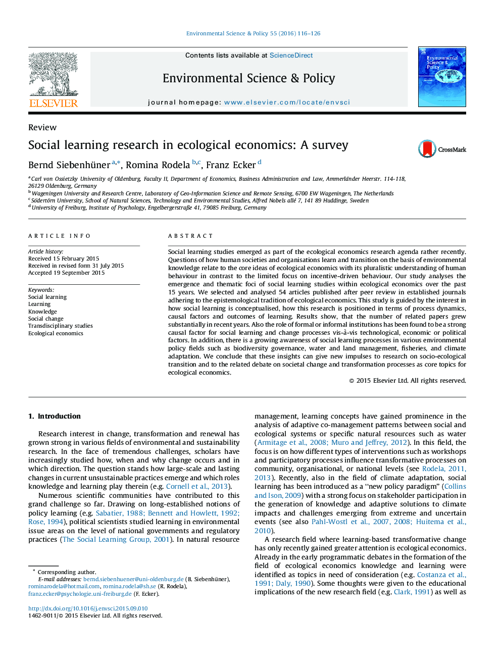 تحقیقات یادگیری اجتماعی در اقتصاد زیست محیطی: یک نظرسنجی 