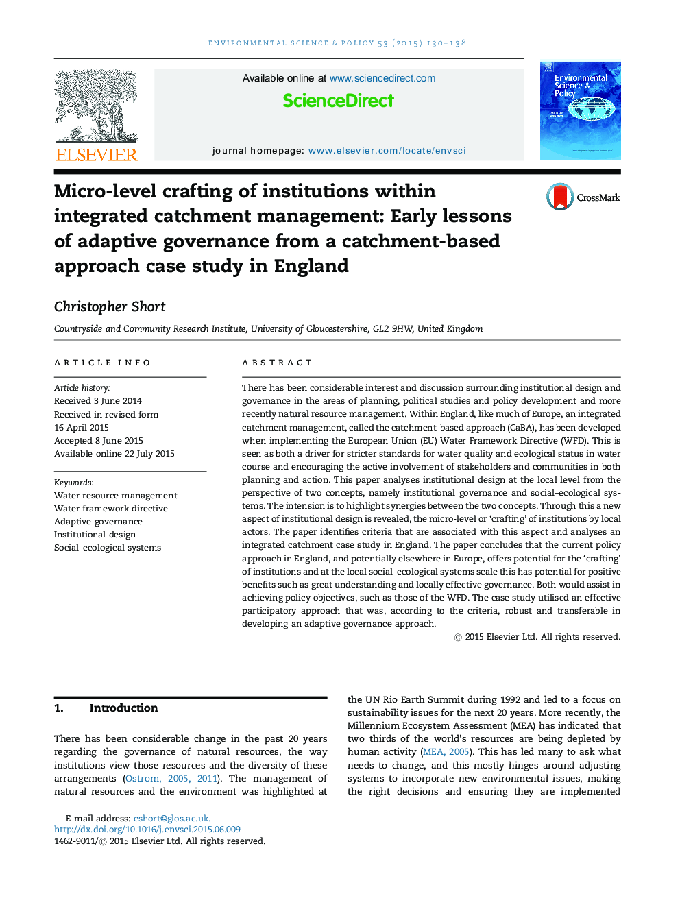 Micro-level crafting of institutions within integrated catchment management: Early lessons of adaptive governance from a catchment-based approach case study in England