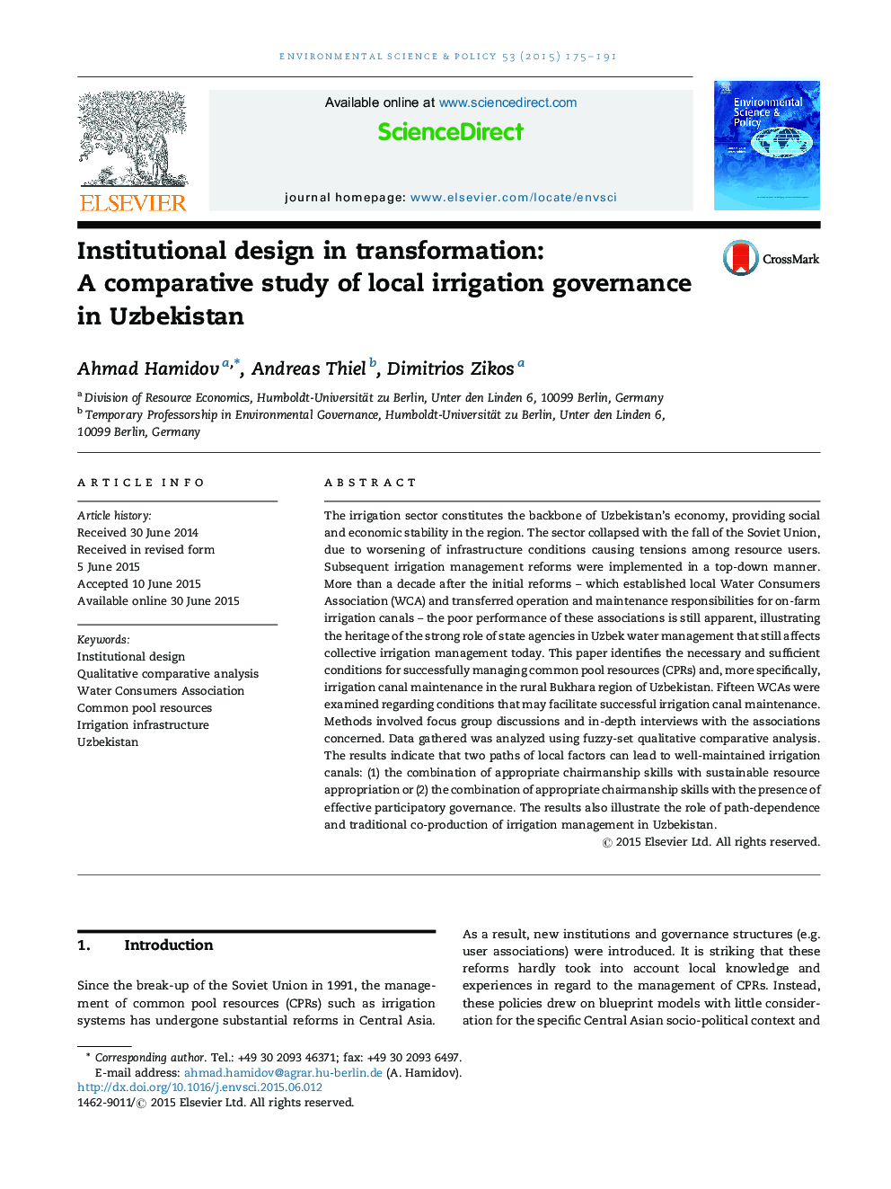 Institutional design in transformation: A comparative study of local irrigation governance in Uzbekistan